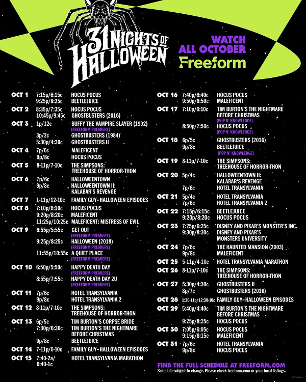 2022 Freeform 31 Nights of Halloween Schedule